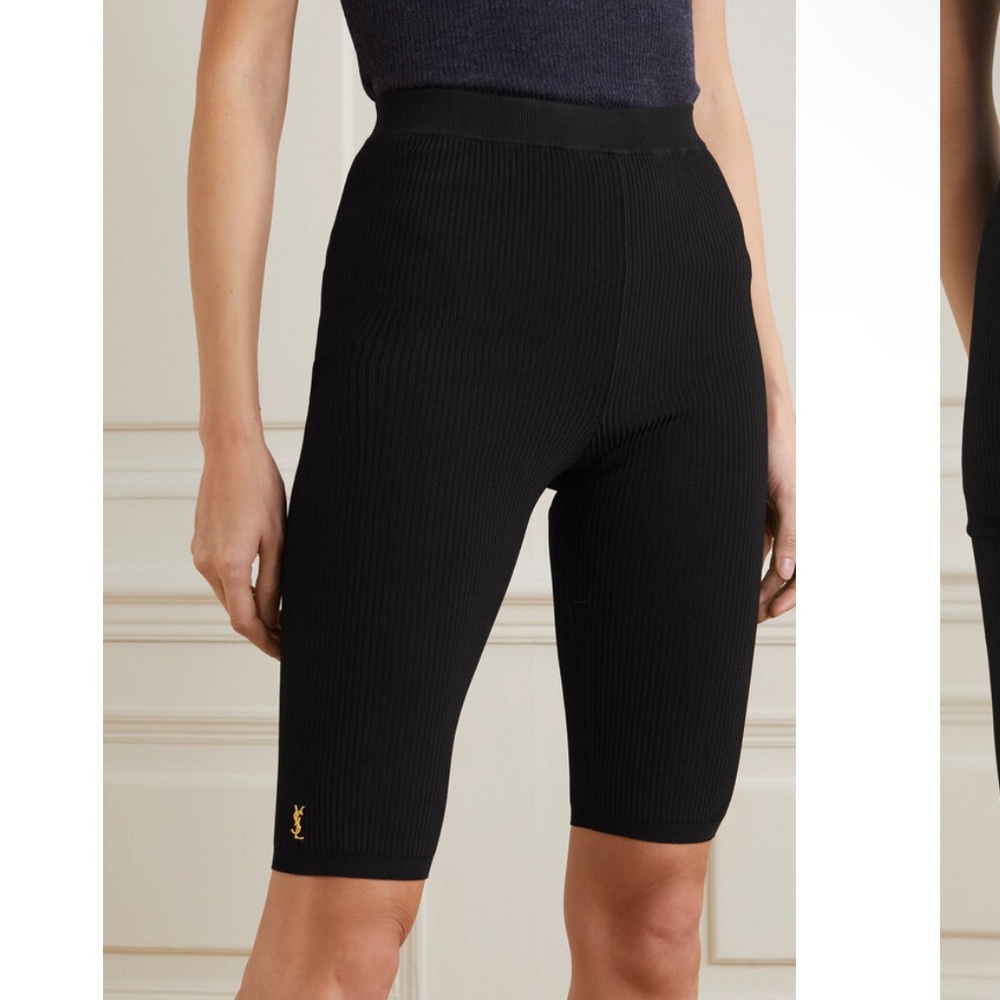 YSL Saint Laurent Black Ribbed Biker logo Shorts Size XS